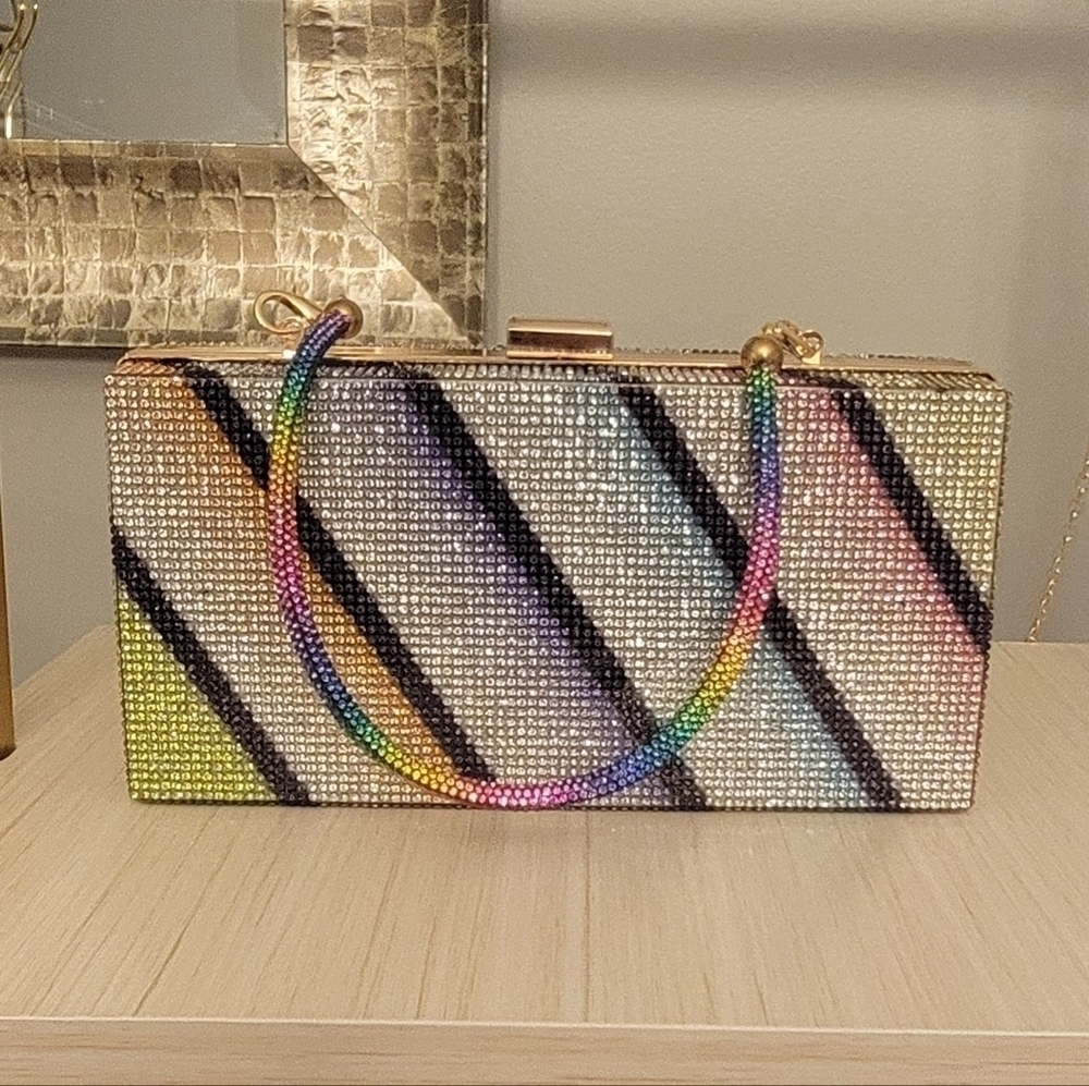 JEWEL-ENCRUSTED, multi-colored clutch with interchangeable straps